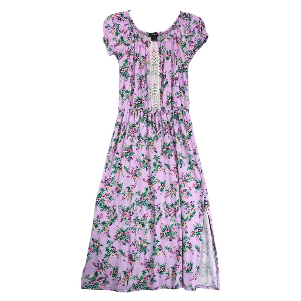 Love, Alexa Purple Floral Midi Dress XL Stretch Puff Slv Lace Front Side Slits
